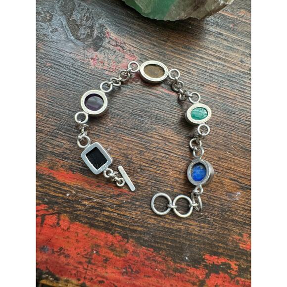 Amethyst Black Onyx Turquoise Chrysoprase Lapis Lazuli Sterling Bracelet - Picture 4 of 7